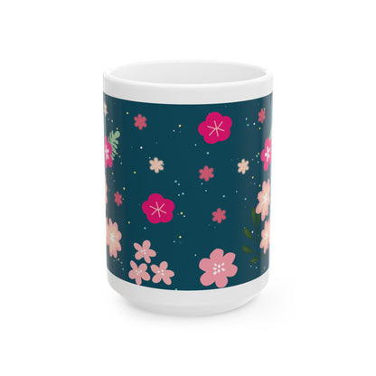 ColorFlow | Midnight Bloom Floral Mug | 15 oz Ceramic Coffee Cup | Dark Blue Flower Art Mug | Gift for Her