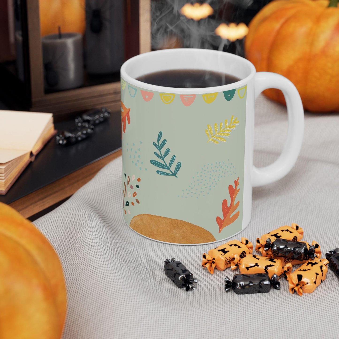 ColorFlow | Pastel Autumn Leaves Mug | 15 oz Ceramic Coffee Cup | Modern Fall Art Mug | Cozy Seasonal Gift