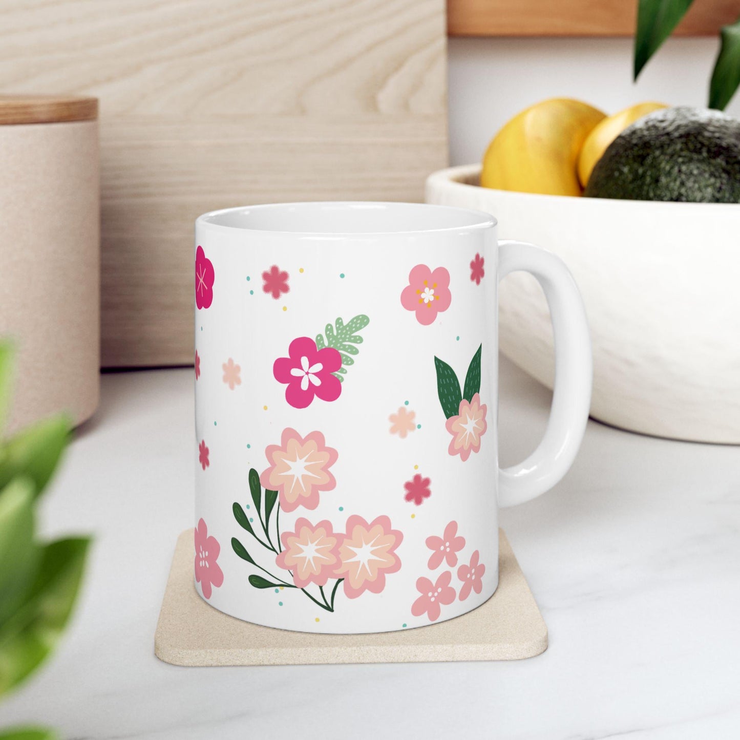 ColorFlow | Cream Floral Bloom Mug | 15 oz Ceramic Coffee Cup | Cute Flower Art Mug | Aesthetic Gift for Her
