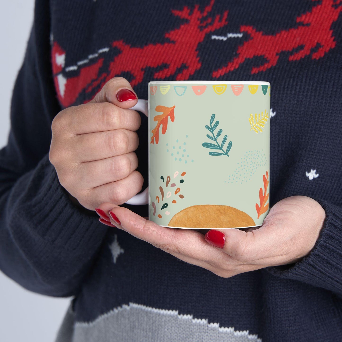 ColorFlow | Pastel Autumn Leaves Mug | 15 oz Ceramic Coffee Cup | Modern Fall Art Mug | Cozy Seasonal Gift