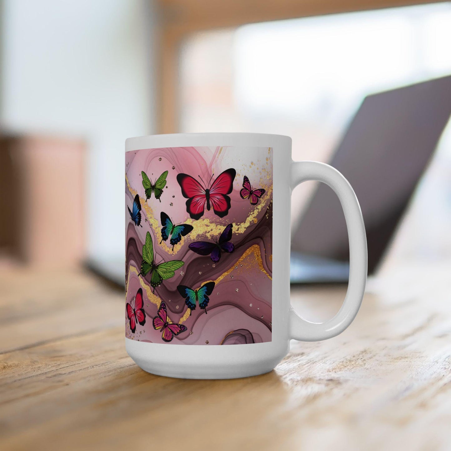 ColorFlow | Pink Marble Butterfly Mug | 15 oz Ceramic Coffee Cup | Elegant Gold Accent Mug | Gift for Her