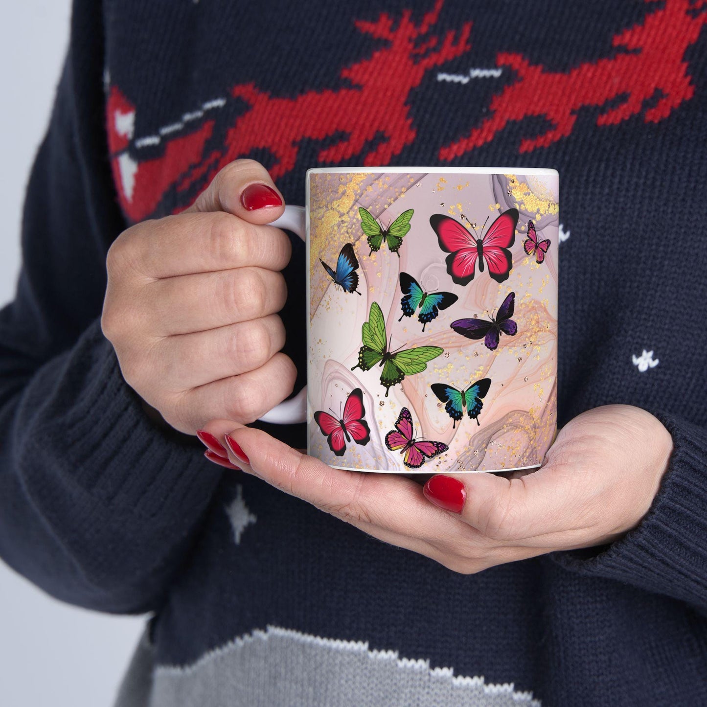 ColorFlow | Pink Marble Butterfly Mug | 15 oz Ceramic Coffee Cup | Elegant Gold Accent Mug | Gift for Her
