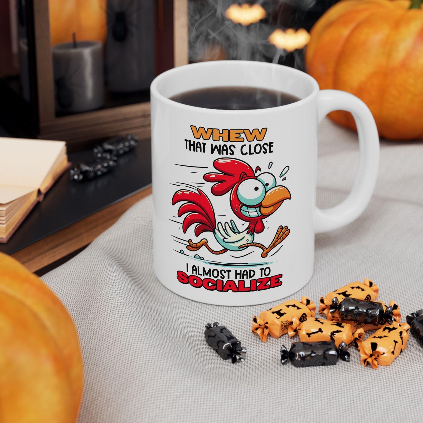 ColorFlow | Funny Rooster Coffee Mug | Whew Socialize Chicken Cup | 15oz Ceramic Mug | Gift for Introverts & Animal Lovers