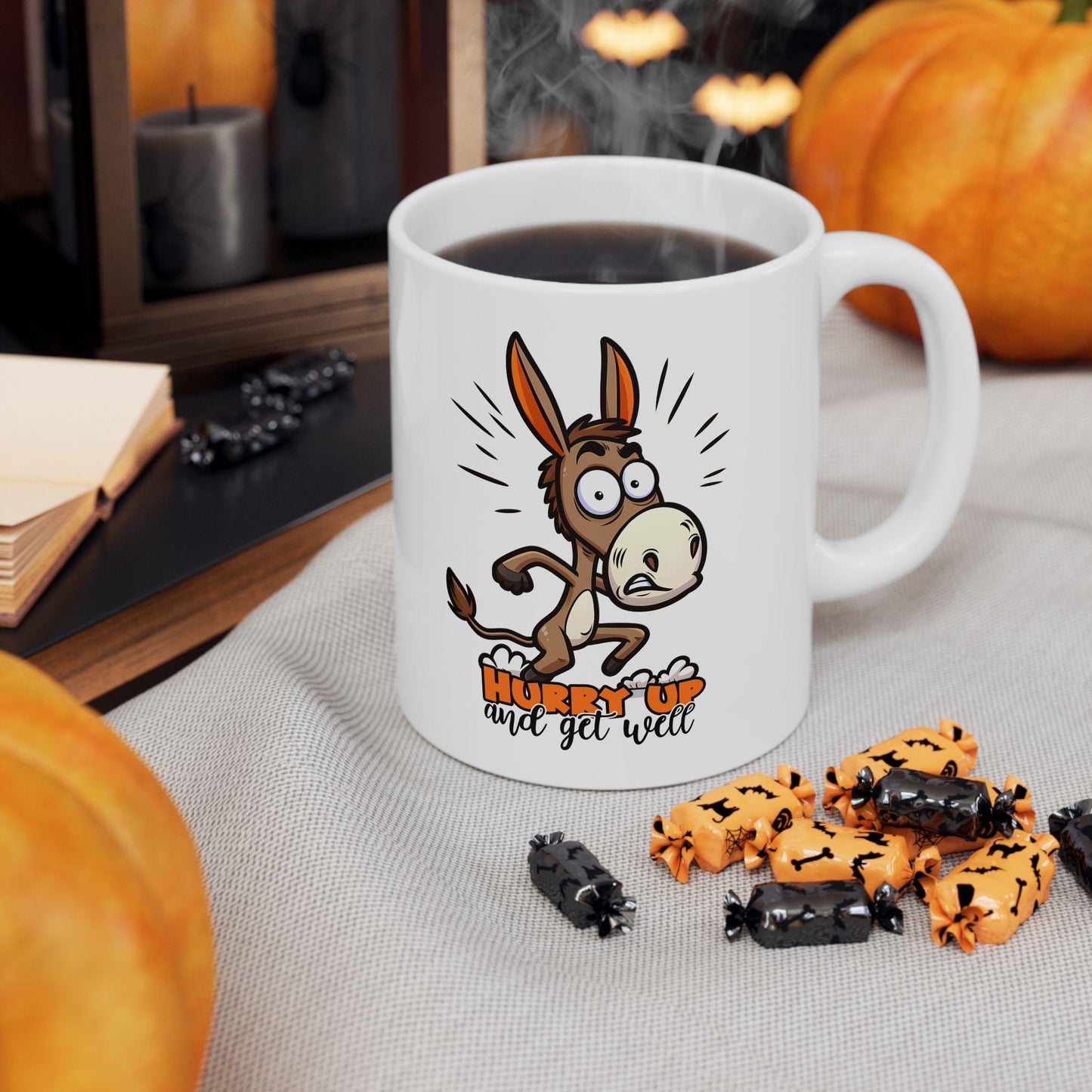 ColorFlow | Hurry Up and Get Well Donkey Mug | Funny Coffee Cup | 15oz Ceramic Mug | Humorous Animal Gift for Friends