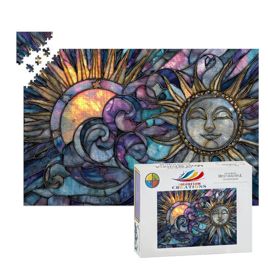 ColorFlow | Sun and Moon Stained Glass Wooden Jigsaw Puzzle | Unique Wood Puzzle for Adults and Kids | Vibrant Art Decor Gift