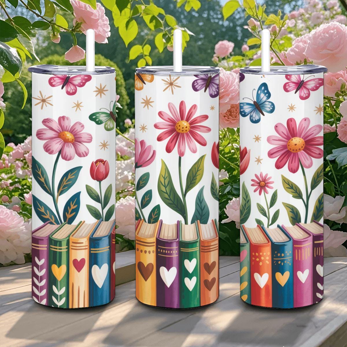 Book Lover Stainless Steel Tumbler | Butterfly Garden Floral Reading Cup