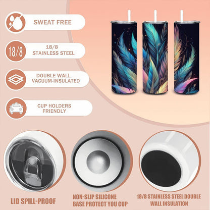 Boho Feather Glow Stainless Steel Tumbler | Insulated 20oz Cup