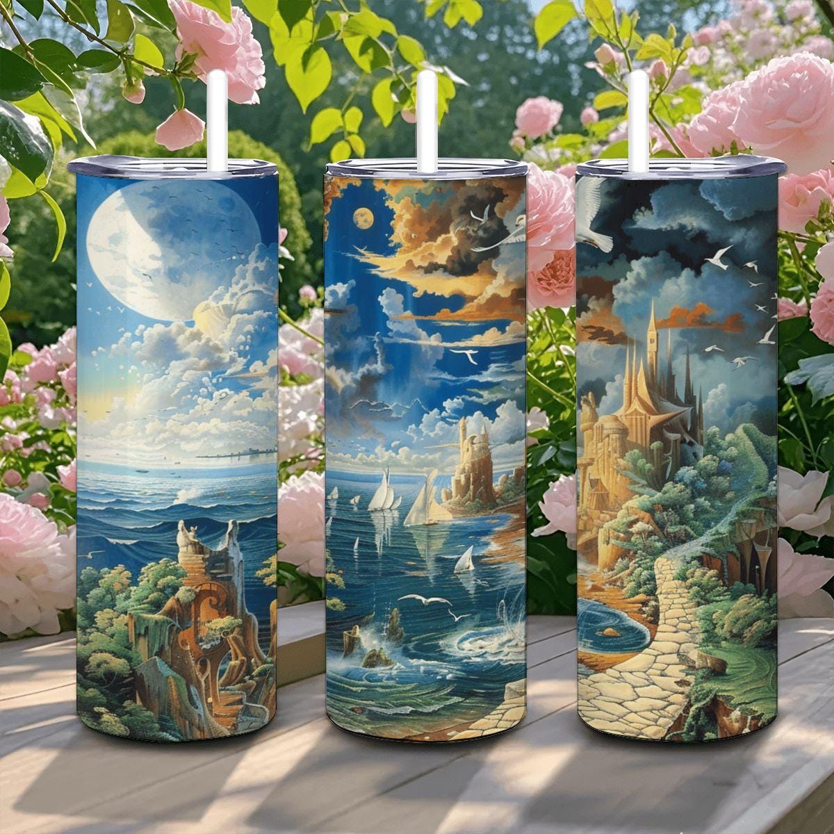 ColorFlow | Ocean Dreamscape 20oz Stainless Steel Tumbler with Straw | Fantasy Seascape Art Insulated Cup