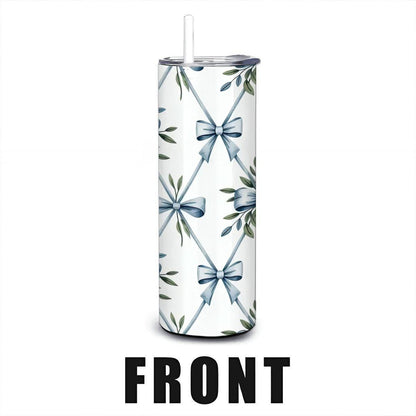 ColorFlow | Blue Ribbon Botanical Tumbler | 20oz Stainless Steel Coffee Travel Cup with Straw Elegant Gift