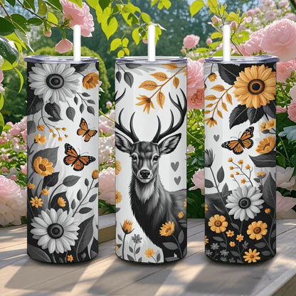 ColorFlow | Golden Deer & Monarch Tumbler | 20oz Stainless Steel Coffee Travel Cup with Straw Woodland Gift