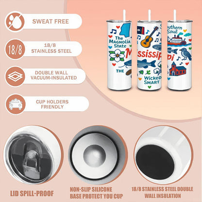 ColorFlow | Mississippi Magnolia State Tumbler | Southern Soul | 20oz Stainless Steel Travel Mug with Straw