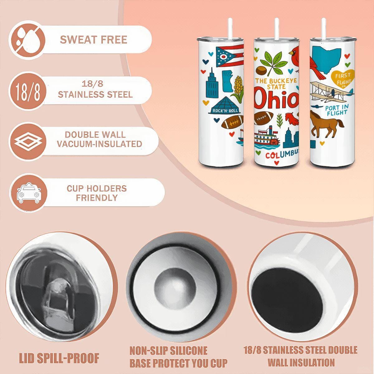 ColorFlow | Ohio State Pride 20oz Stainless Steel Tumbler with Straw | Buckeye State Travel Mug | Midwest Gift Cup