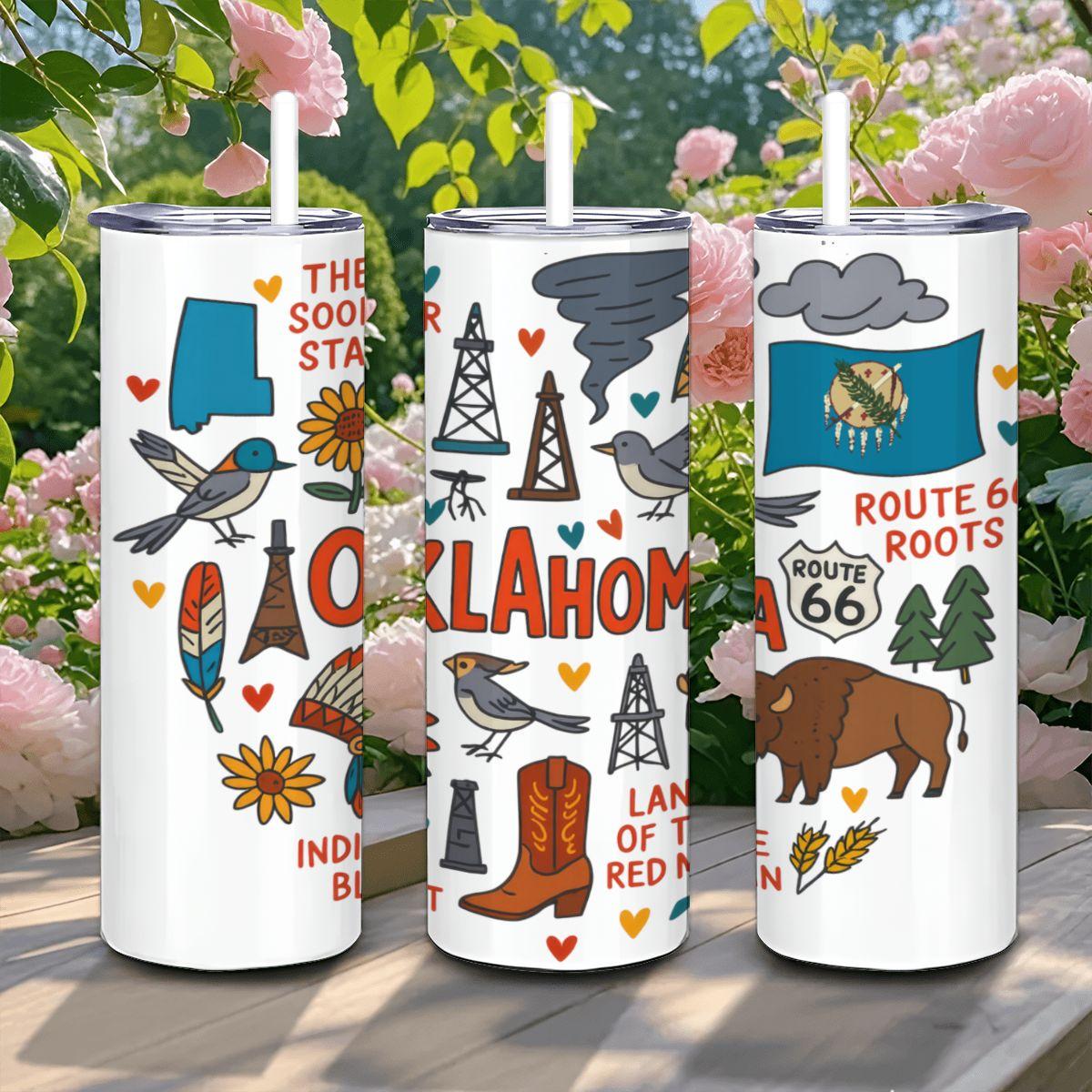 ColorFlow | Oklahoma State Pride 20oz Stainless Steel Tumbler with Straw | Route 66 Travel Mug | Sooner State Gift Cup