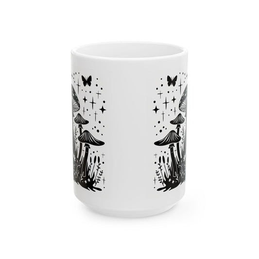 Mushroom Forest Coffee Mug | Cottagecore Nature Art, Butterfly Ceramic 15oz
