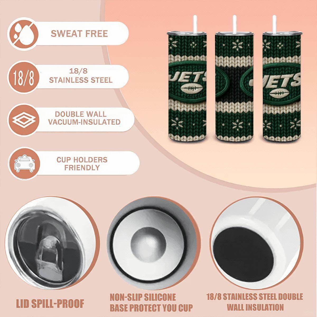 ColorFlow | New York Jets Inspired Seamless Sweater 20oz Skinny Tumbler with Straw