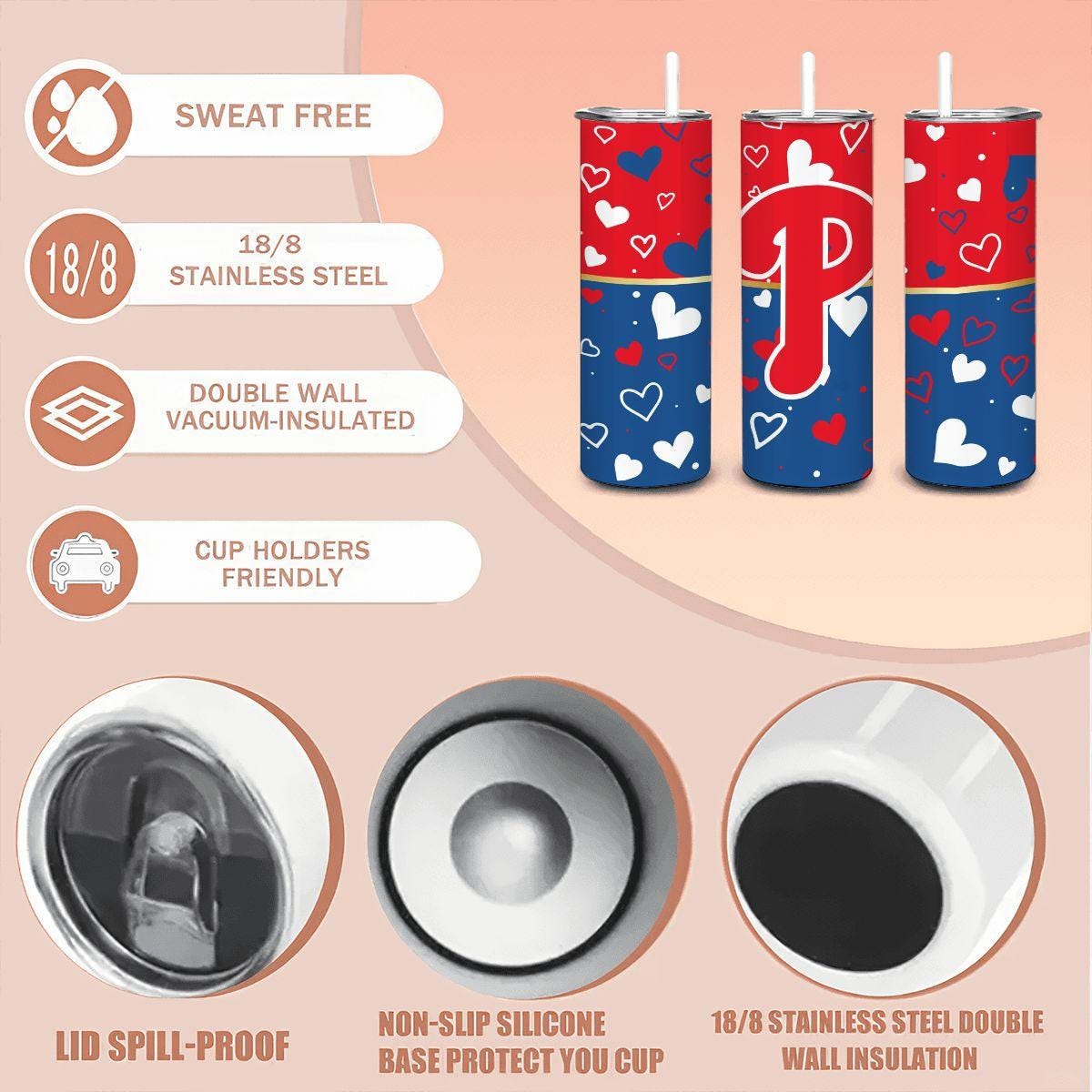 ColorFlow | Philadelphia Inspired Phillies Hearts Straight Tumbler 20oz Stainless Steel Gift Optional Personalization