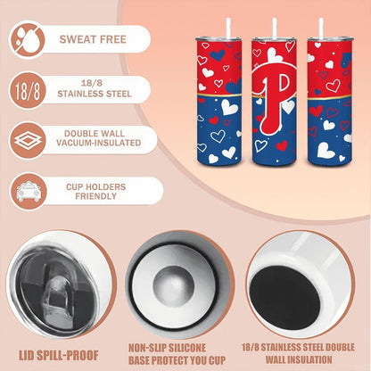 ColorFlow | Philadelphia Inspired Phillies Hearts Straight Tumbler 20oz Stainless Steel Gift Optional Personalization