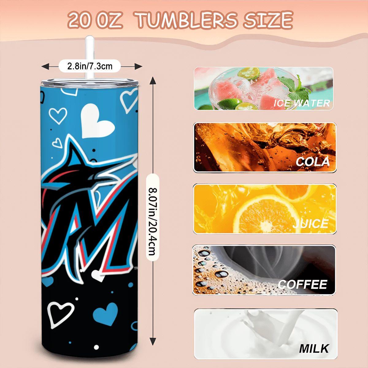 ColorFlow | Miami Inspired Marlins Hearts Straight Tumbler 20oz Stainless Steel Gift Optional Personalization