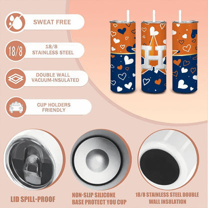 ColorFlow | Houston Inspired Astros Hearts Straight Tumbler 20oz Stainless Steel Gift Optional Personalization