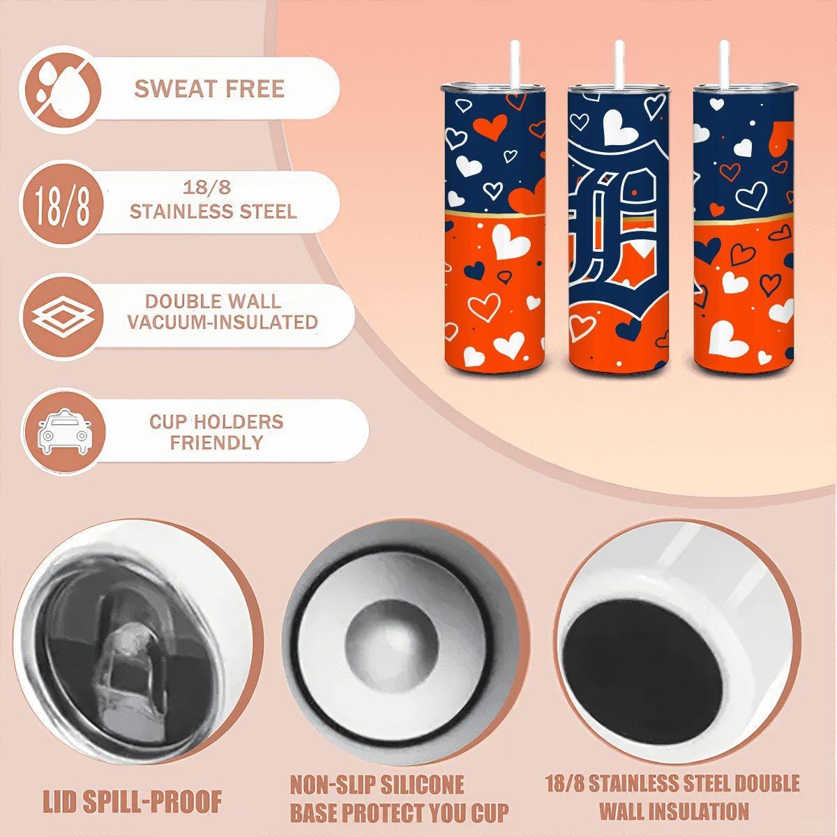 ColorFlow | Detroit Inspired Tigers Hearts Straight Tumbler 20oz Stainless Steel Drinkware Optional Personalization