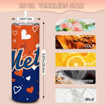 ColorFlow | New York Inspired Mets Hearts Straight Tumbler 20oz Stainless Steel Gift Optional Personalization