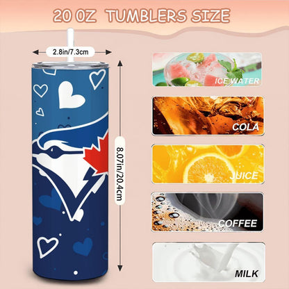 ColorFlow | Toronto Inspired Blue Jays Hearts Straight Tumbler 20oz Stainless Steel Gift Optional Personalization