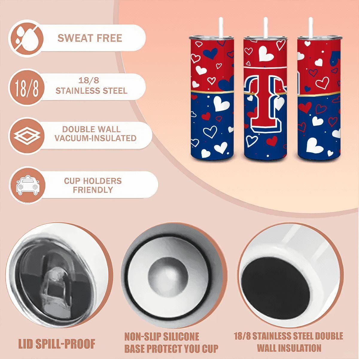 ColorFlow | Texas Inspired Rangers Hearts Straight Tumbler 20oz Stainless Steel Drinkware Optional Personalization