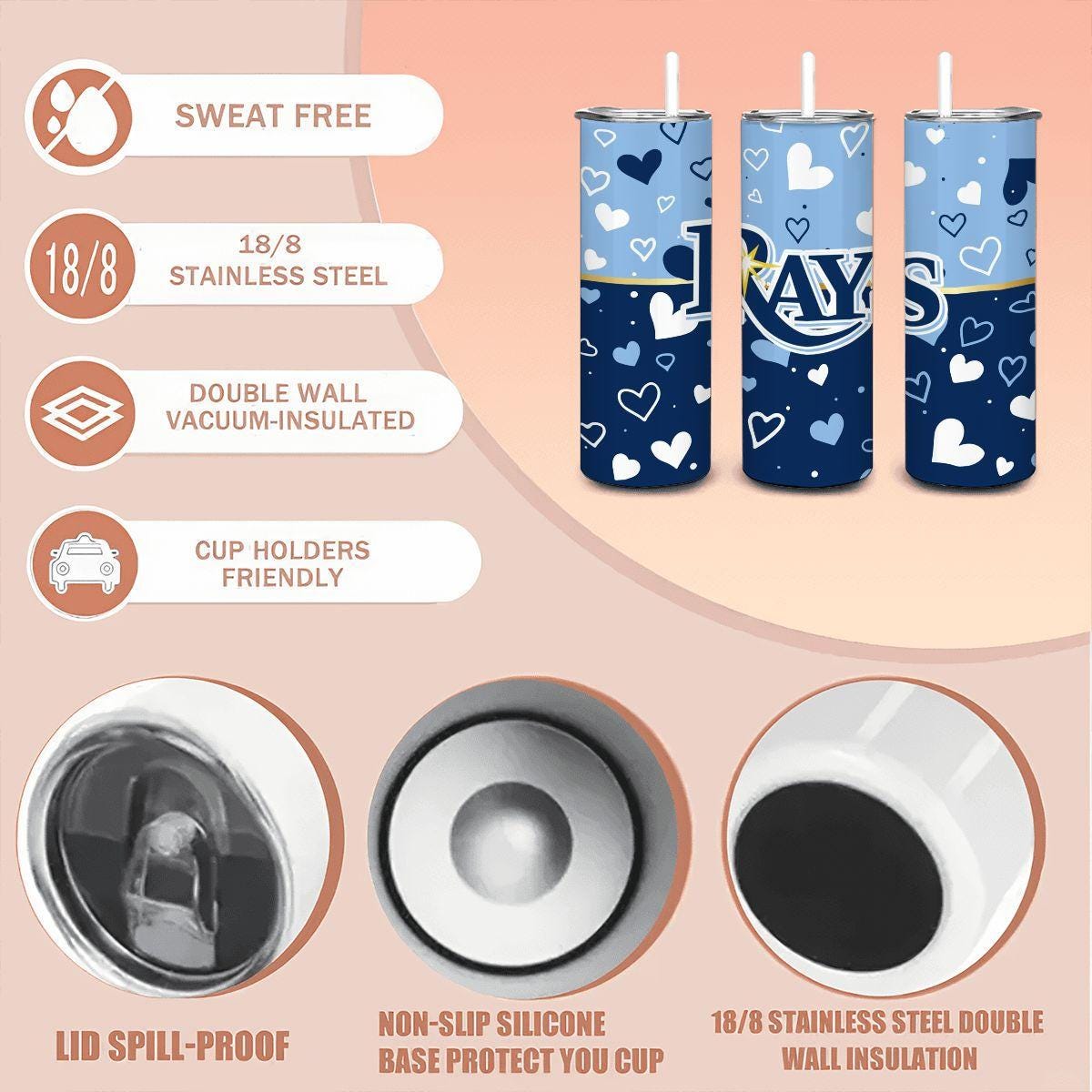 ColorFlow | Tampa Bay Inspired Rays Hearts Straight Tumbler 20oz Stainless Steel Gift Optional Personalization