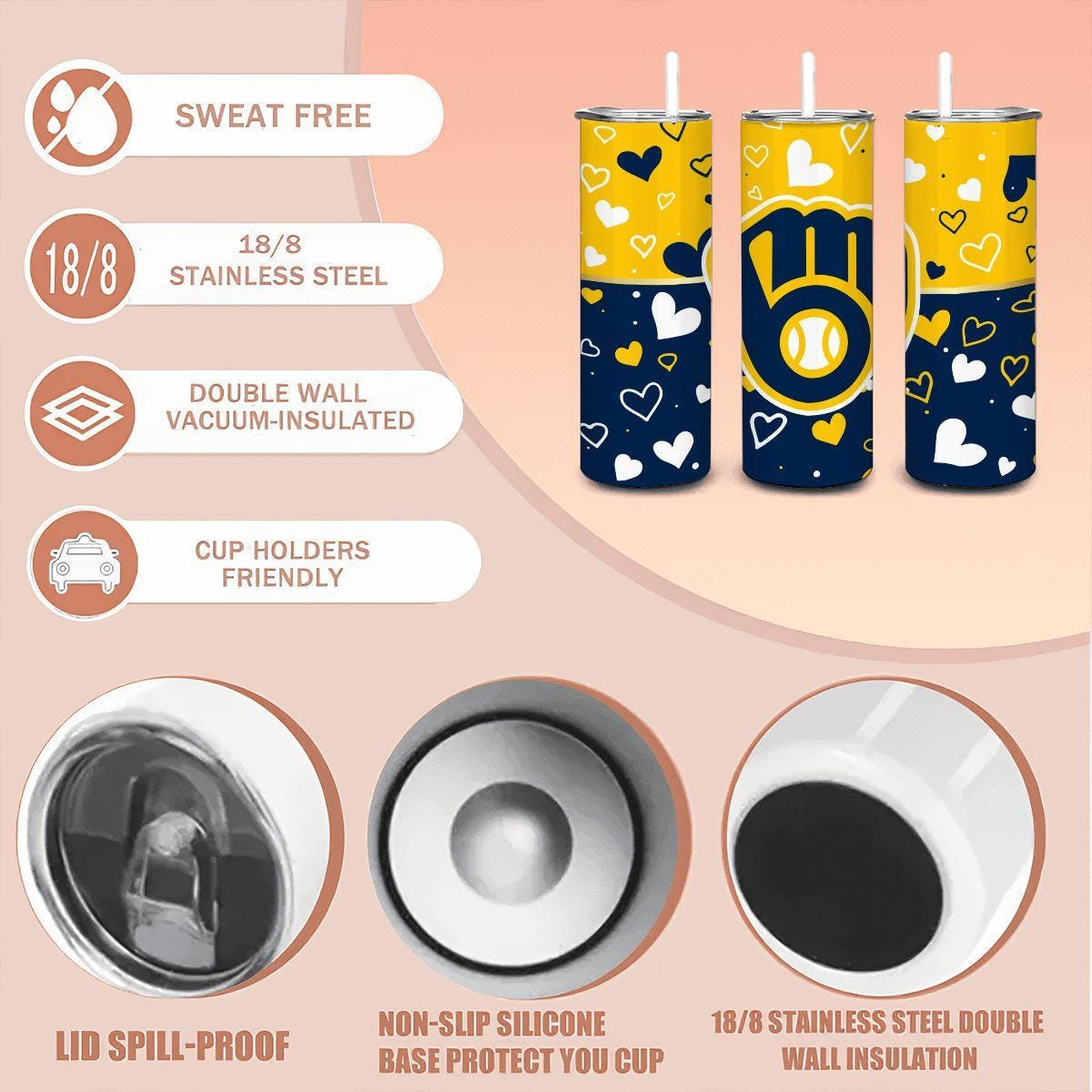 ColorFlow | Milwaukee Inspired Brewers Hearts Straight Tumbler 20oz Stainless Steel Drinkware Optional Personalization
