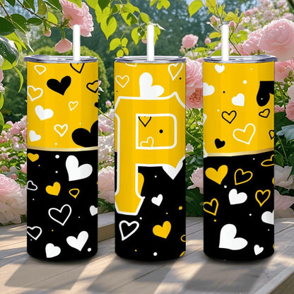 ColorFlow | Pittsburgh Inspired Pirates Hearts Straight Tumbler 20oz Stainless Steel Drinkware Optional Personalization