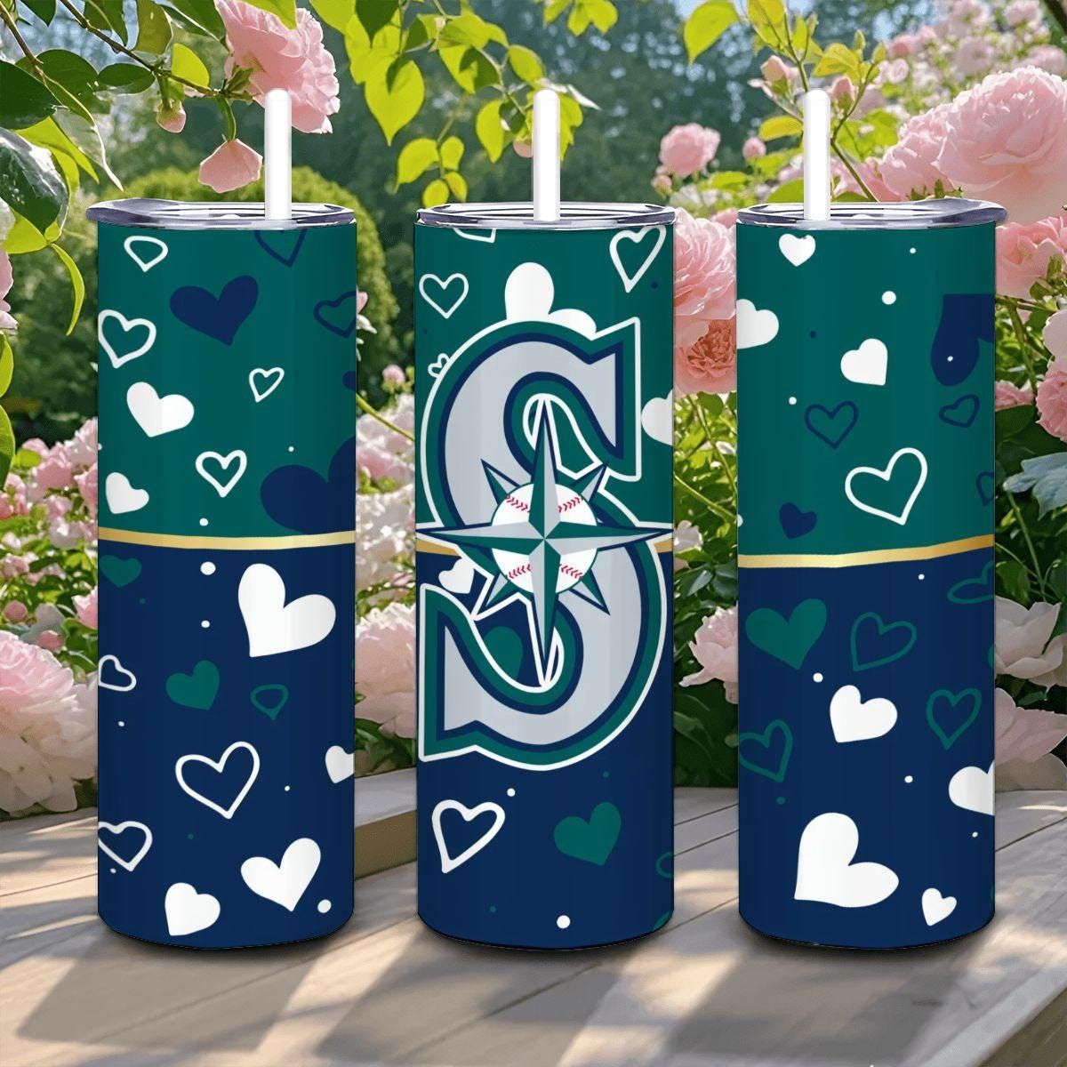ColorFlow | Seattle Inspired Mariners Hearts Straight Tumbler 20oz Stainless Steel Gift Optional Personalization