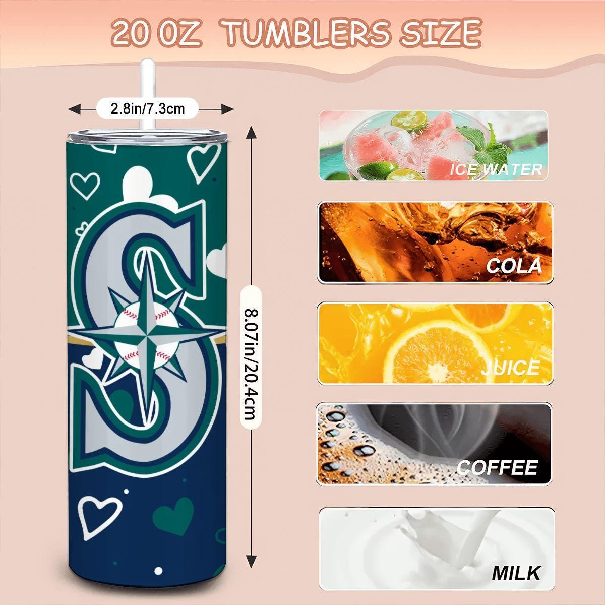 ColorFlow | Seattle Inspired Mariners Hearts Straight Tumbler 20oz Stainless Steel Gift Optional Personalization