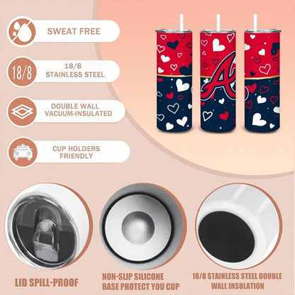 ColorFlow | Atlanta Inspired Braves Hearts Straight Tumbler 20oz Stainless Steel Drinkware Optional Personalization
