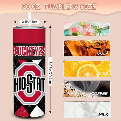 ColorFlow | Ohio State Inspired Buckeyes Argyle Straight Tumbler 20oz Stainless Steel Drinkware Optional Personalization