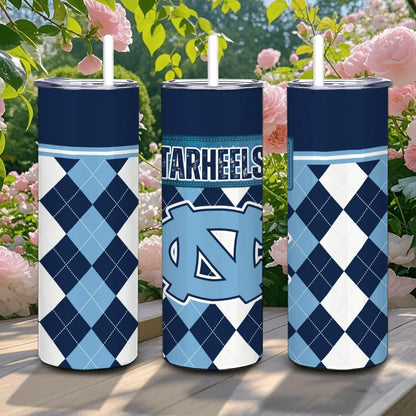 ColorFlow | North Carolina Inspired Tar Heels Argyle Straight Tumbler 20oz Stainless Steel Drinkware Optional Personalization