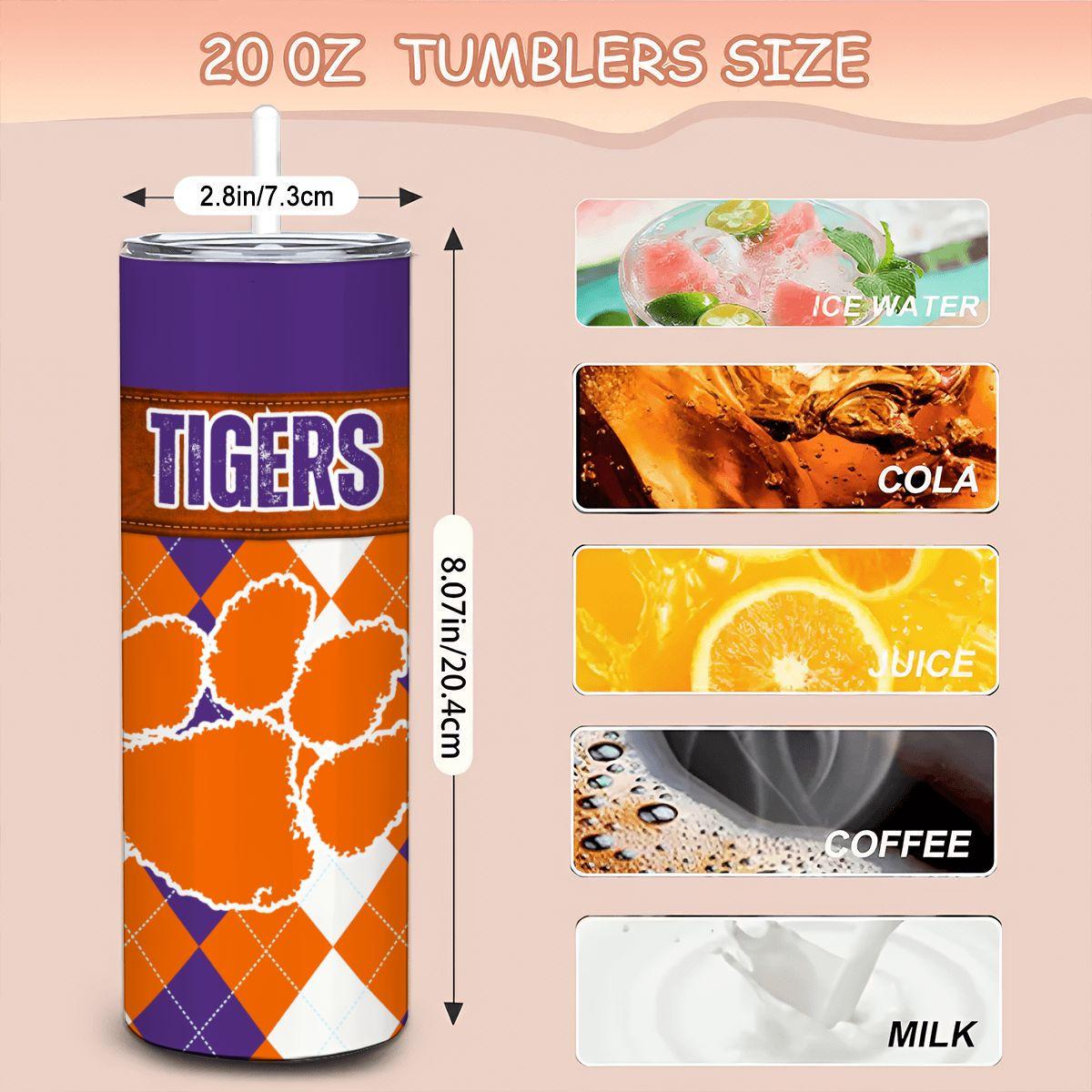 ColorFlow | Clemson Inspired Tigers Argyle Straight Tumbler 20oz Stainless Steel Drinkware Optional Personalization