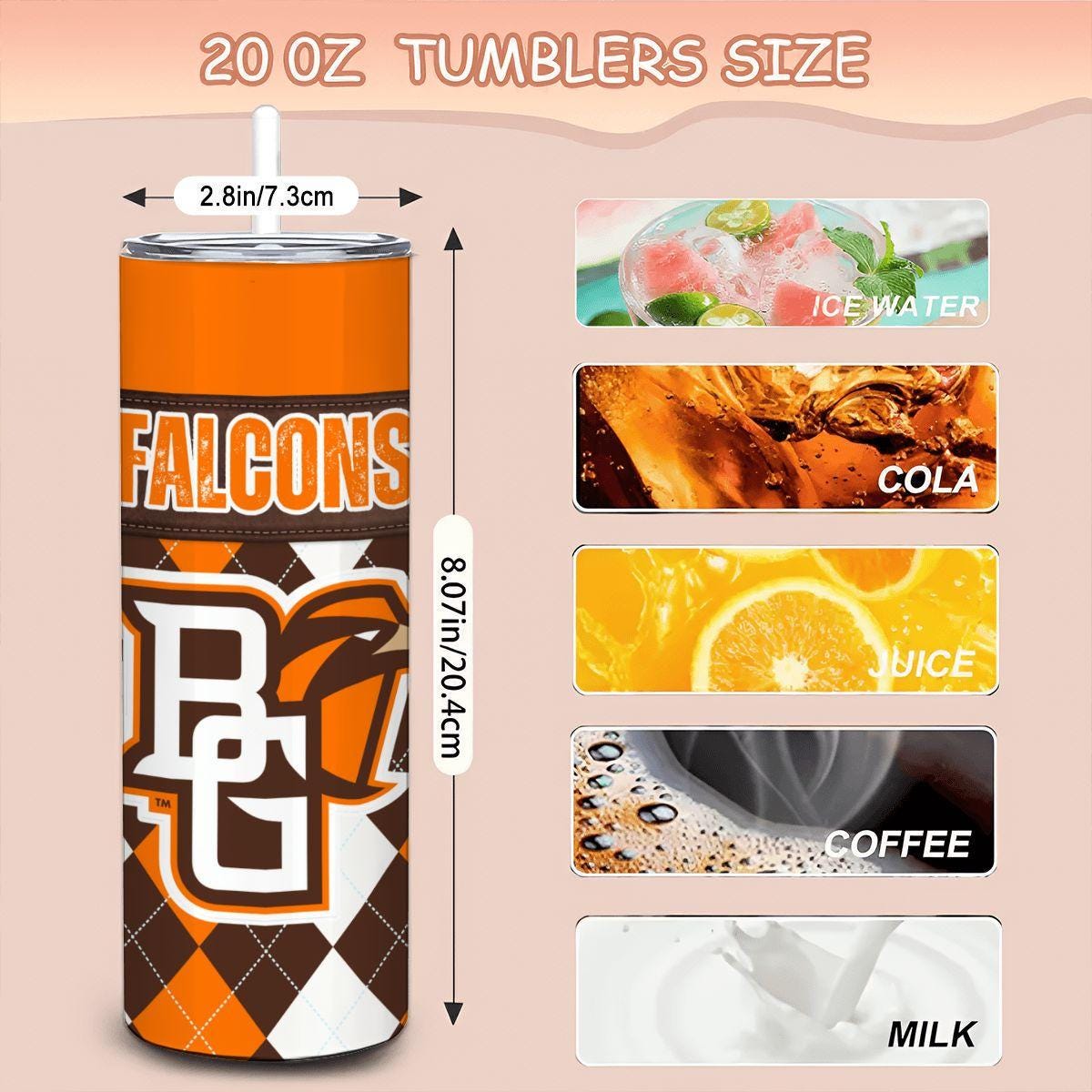 ColorFlow | Bowling Green Inspired Falcons Argyle Straight Tumbler 20oz Stainless Steel Drinkware Optional Personalization