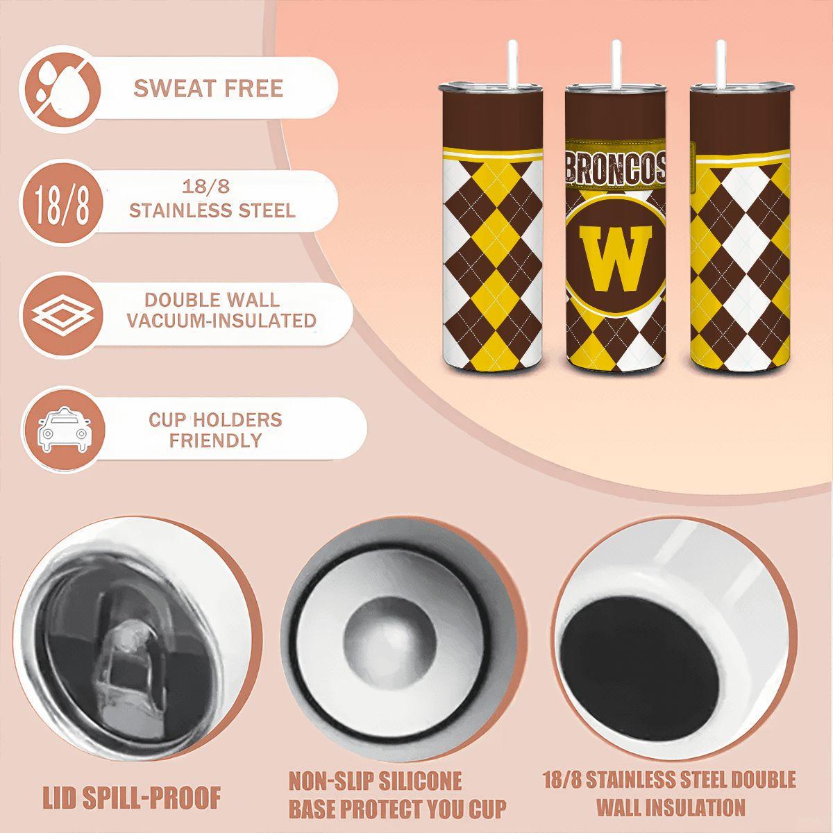 ColorFlow | Western Michigan Inspired Broncos Argyle Straight Tumbler 20oz Stainless Steel Drinkware Optional Personalization