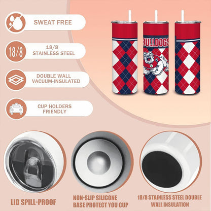 ColorFlow | Fresno State Inspired Bulldogs Argyle Straight Tumbler 20oz Stainless Steel Drinkware Optional Personalization