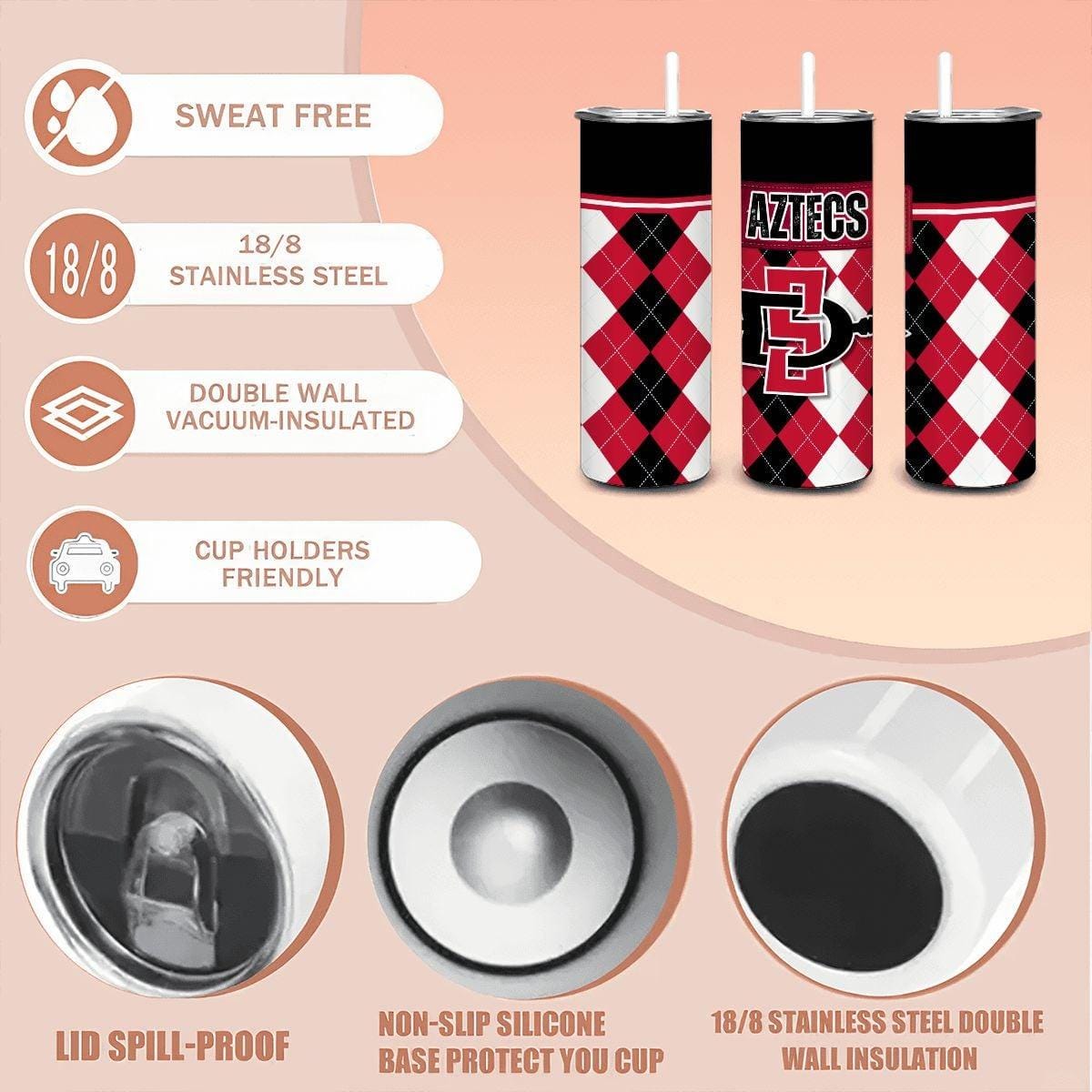 ColorFlow | San Diego State Aztecs Inspired 20oz Straight Tumbler | Custom Name Option | Stainless Steel