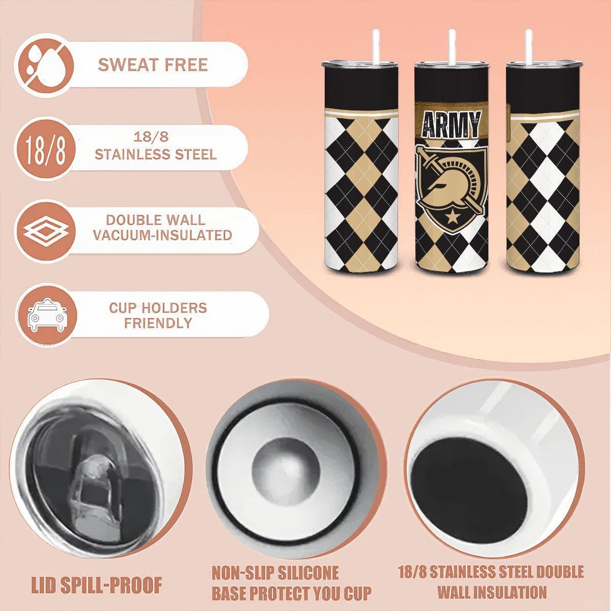 ColorFlow | Army Black Knights Inspired 20oz Straight Stainless Tumbler | Military Style Design | Personalization Optional