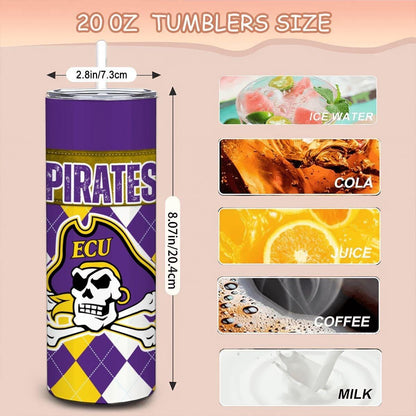 ColorFlow | East Carolina Pirates Inspired 20oz Straight Stainless Tumbler | Purple Gold Style | Personalization Optional