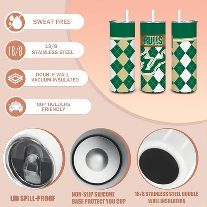 ColorFlow | South Florida Bulls Inspired 20oz Straight Stainless Tumbler | Green Gold Style | Personalization Optional