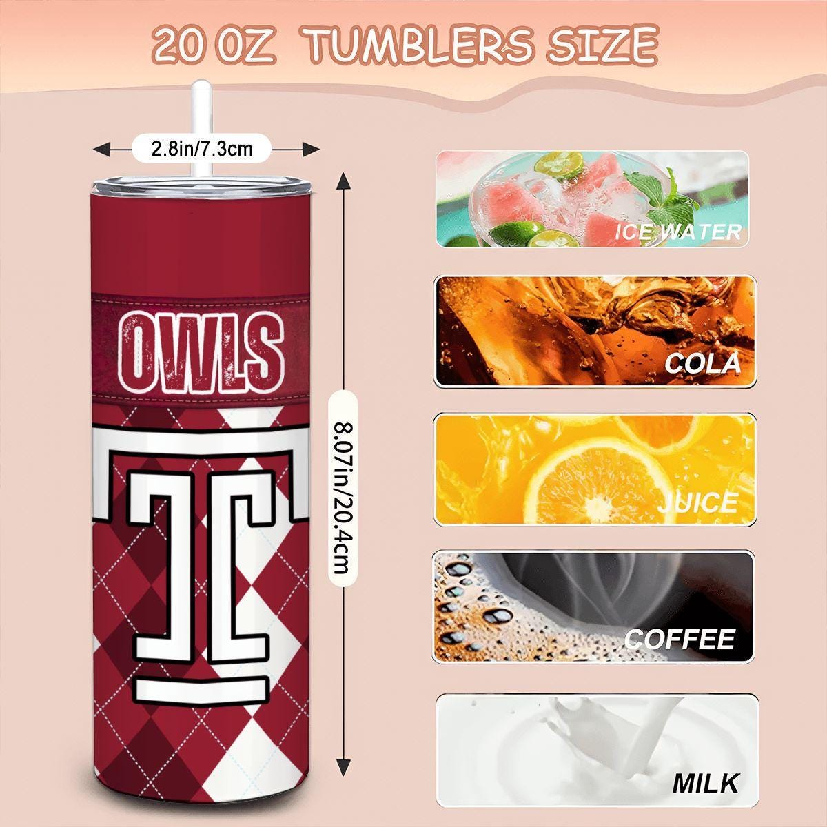 ColorFlow | Temple Owls Inspired 20oz Straight Tumbler | Crimson Team Colors | Personalization Optional
