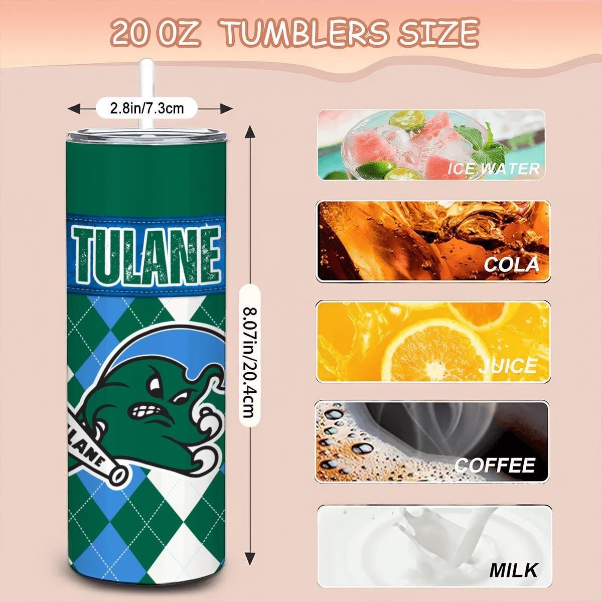 ColorFlow | Tulane Green Wave Inspired 20oz Straight Tumbler | Coastal College Vibe | Personalization Optional