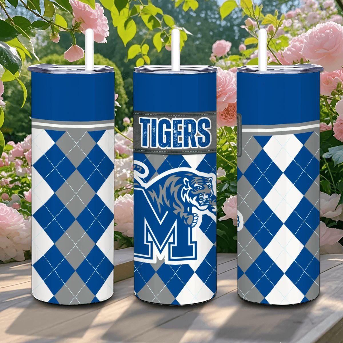 ColorFlow | Memphis Tigers Inspired 20oz Straight Stainless Tumbler | Blue Gray Tiger Power | Personalization Optional