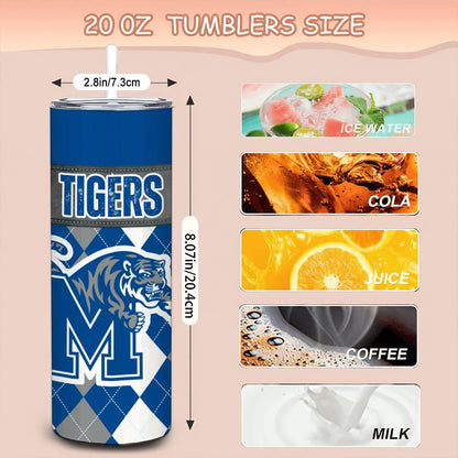 ColorFlow | Memphis Tigers Inspired 20oz Straight Stainless Tumbler | Blue Gray Tiger Power | Personalization Optional