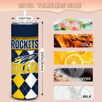 ColorFlow | Toledo Rockets Inspired 20oz Straight Tumbler | Navy Gold Collegiate Energy | Personalization Optional