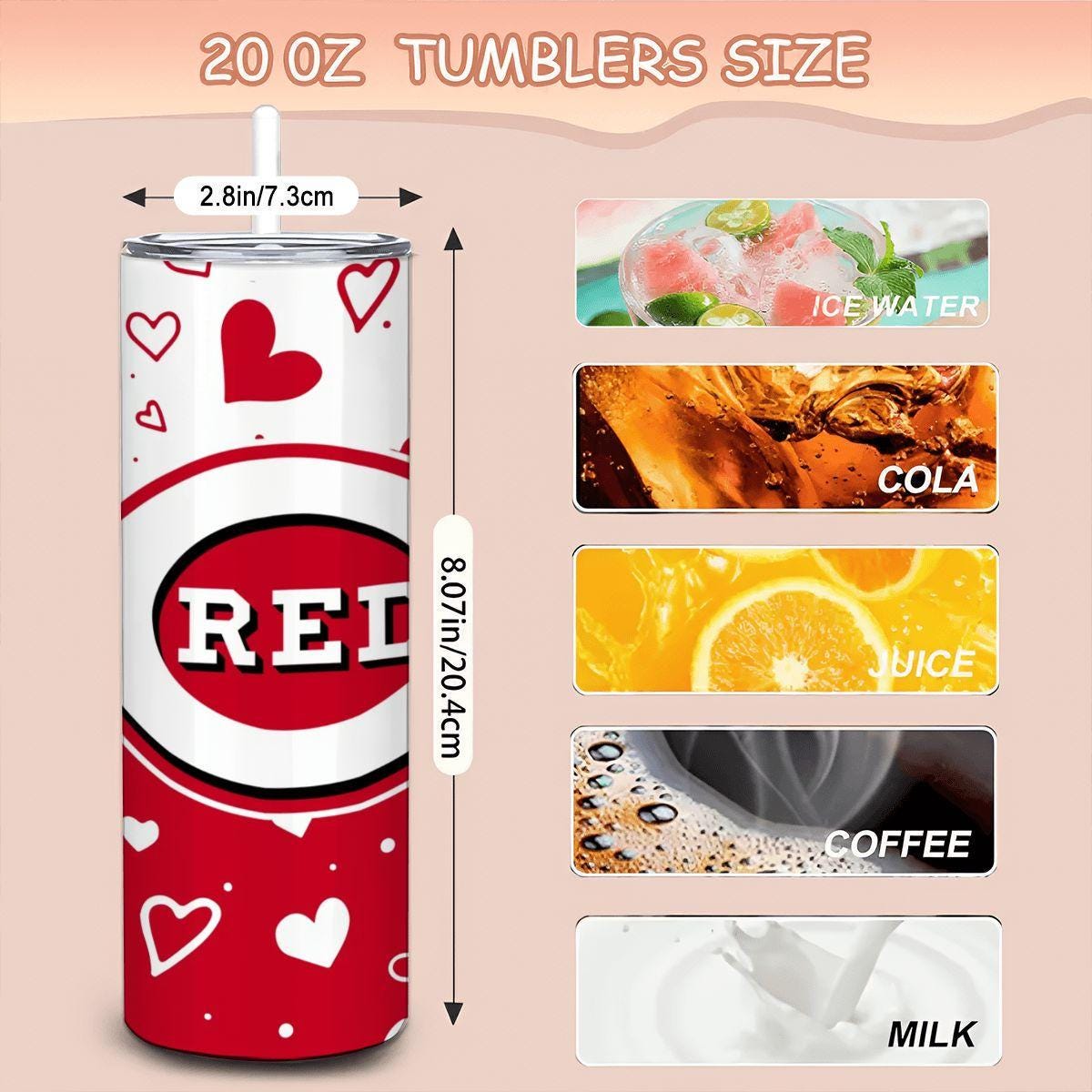 ColorFlow | Cincinnati Inspired Reds Hearts Straight Tumbler 20oz Stainless Steel Gift Optional Personalization