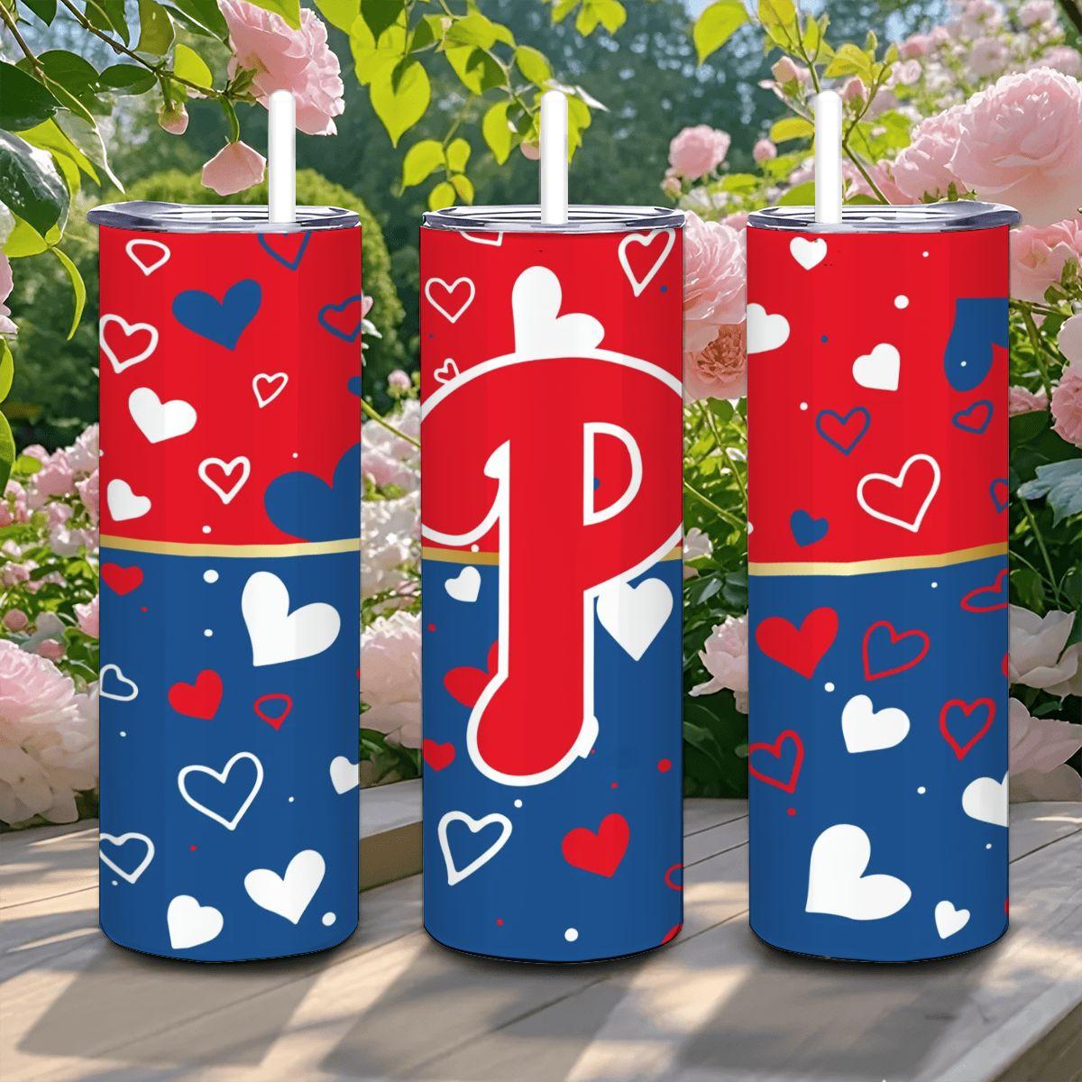 ColorFlow | Philadelphia Inspired Phillies Hearts Straight Tumbler 20oz Stainless Steel Gift Optional Personalization